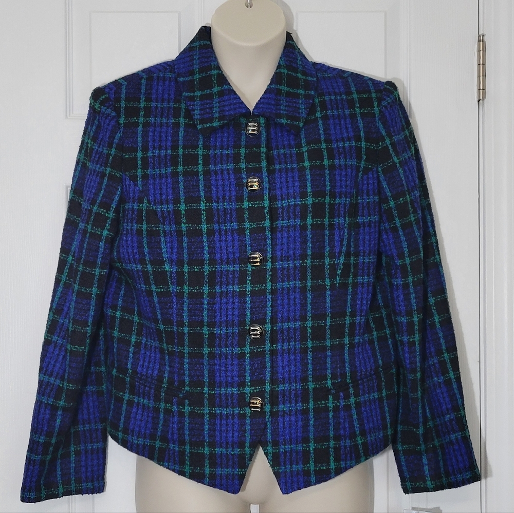 NWT Amanda Smith Wool Plaid Tartan Print Blue & Green Blazer Jacket Size 16
